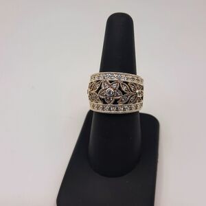 Sterling Silver 925 Ring GSJ DQCZ Marked Open Filigree Diamonique Wide Vintage